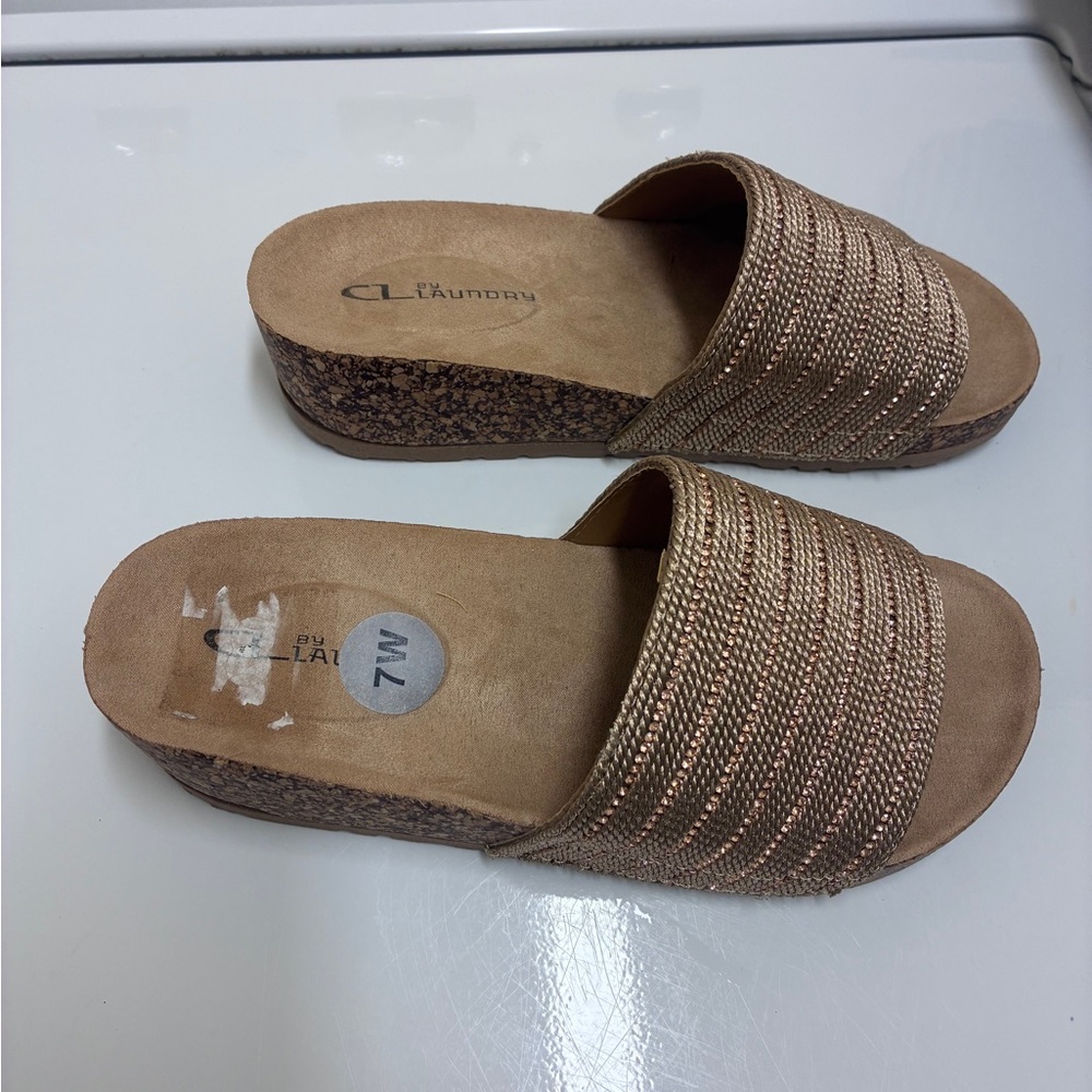 CL by Laundry Women's Sparkly Rose Gold and Tan Cork Sole Wedge Slides